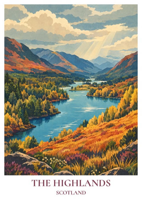 Travel poster artwork of an autumn landscape in the Scottish Highlands