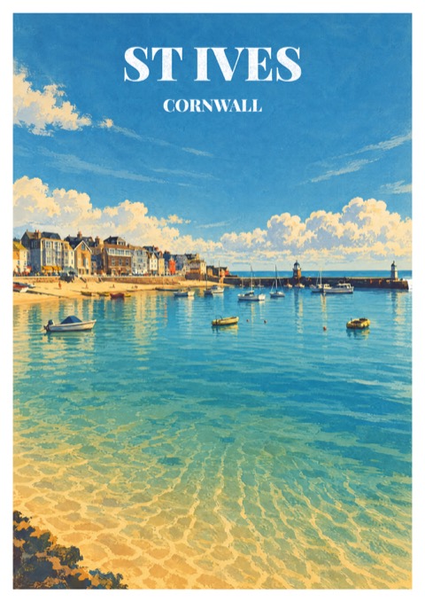 Travel poster artwork of St Ives harbour in Cornwall